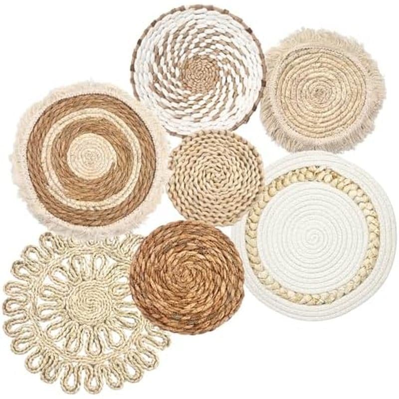 Conjunto De 7 Cestas De Parede Boho , Decoração De Vime Para Pendurar Na , Jacinto De Água Plano Redondo Tecido Casca De