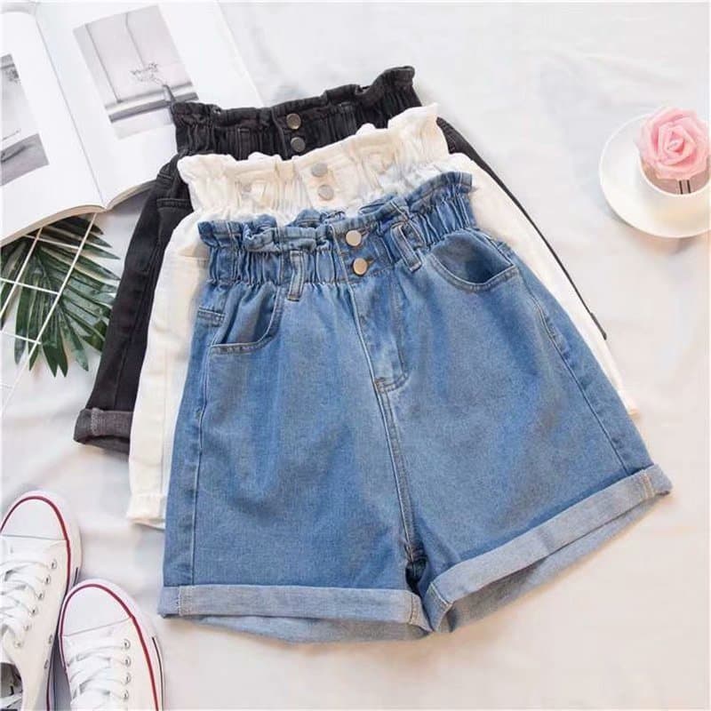 shorts Jeans Femininos plus size Com Cintura Elástica , Estilo Coreano , Emagrecimento , Ajuste Solto , Rolo