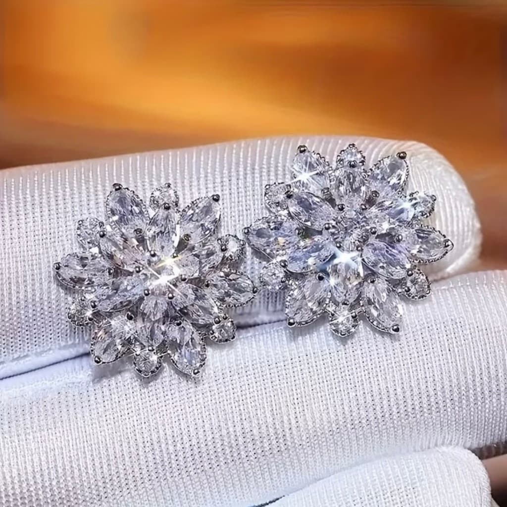 Brincos femininos, incrustados com flores de zircônia, Design de flores brilhantes, joias femininas da moda, banhados a