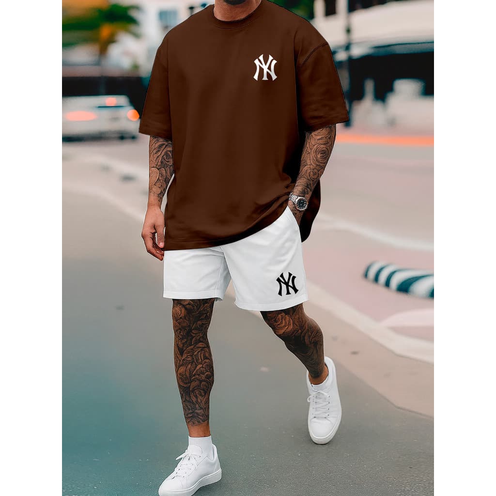Kit Camiseta e Short Tactel Masculino Streetwear NY Camisa Algodão Premium 26.1