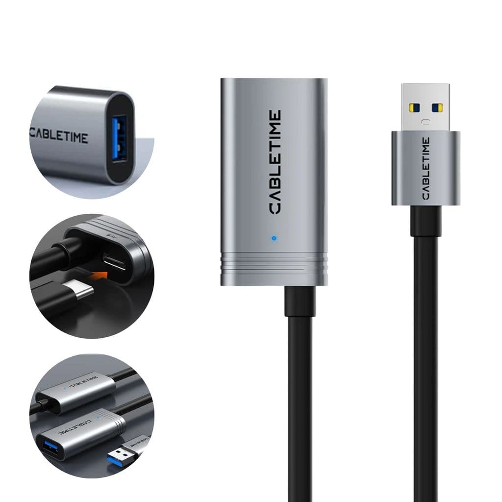 Extensor USB 3.0 5Gbps Ativo 10m Alimentação Externa + Cabo USB C Cabletime