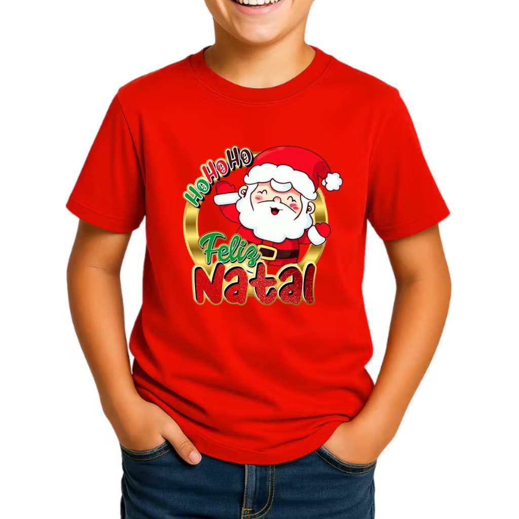 Camiseta Infantil Juvenil Unissex Feliz Natal Papai Noel Ho Ho Camisa Estampada Algodão Tendencia