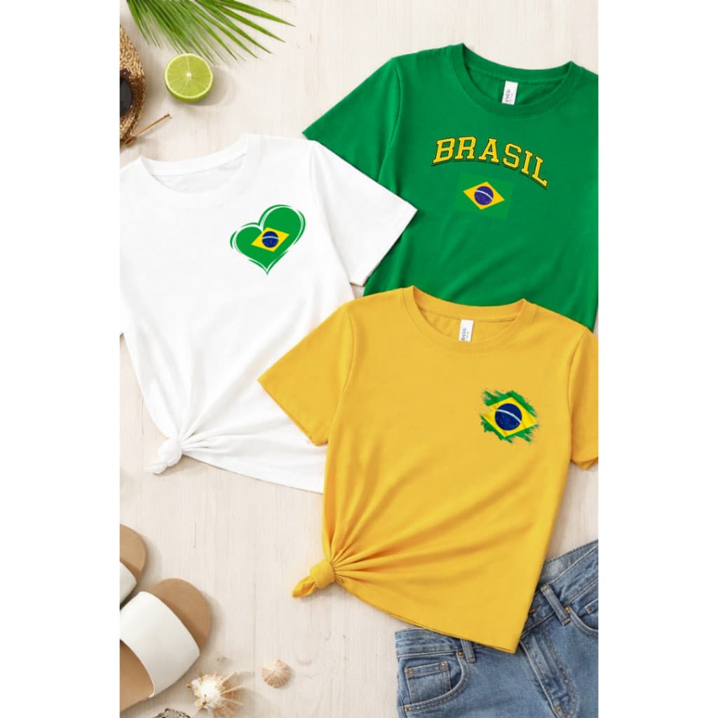 Kit 3 Camisetas Femininas | Torcida Copa Brasil | Varias Cores e Estampas | Verde Amarelo | Brinde