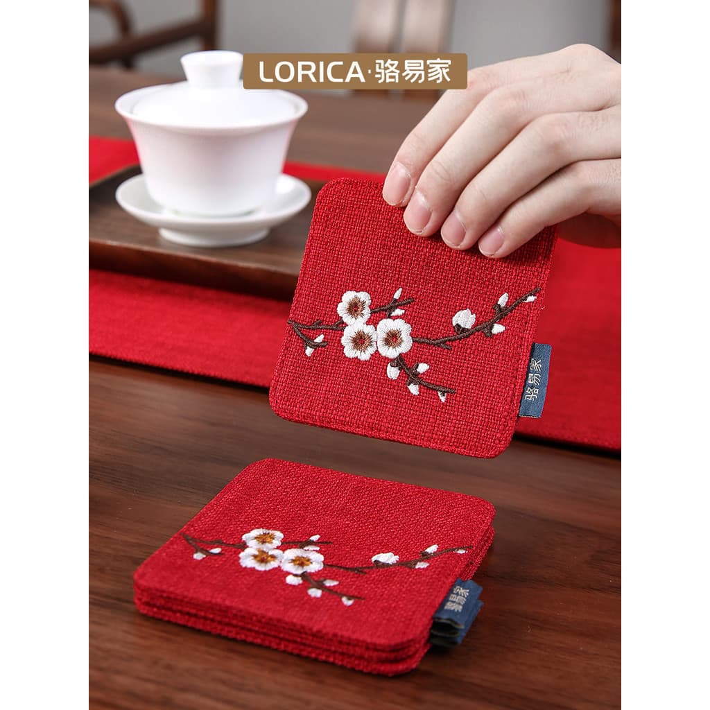 Luoyijia porta-copos de chá bordado, estilo chinês, cerimônia de chá Zen, tecido, estilo chinês, mesa de chá, linho, ban