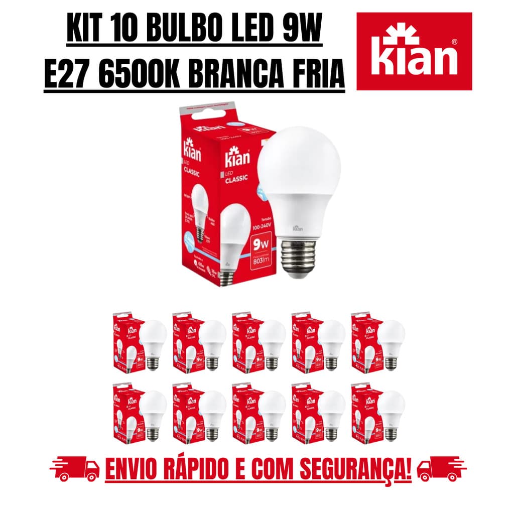 Kit 10 Lâmpada Bulbo Led 9w Branca Fria 6500k E27 Kian