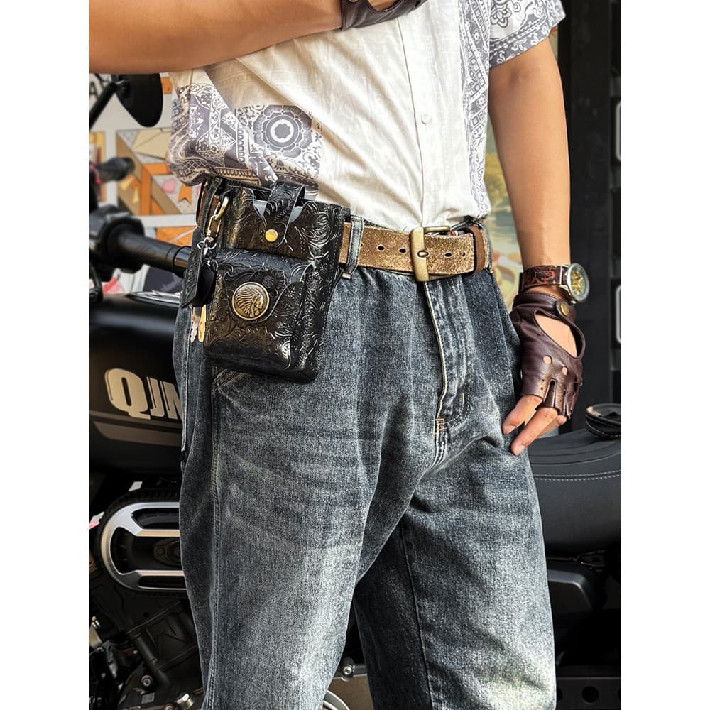 Bolsa de cintura masculina de couro genuíno genuíno para ciclismo, bolsa de armazenamento de celular de camada dupla fei