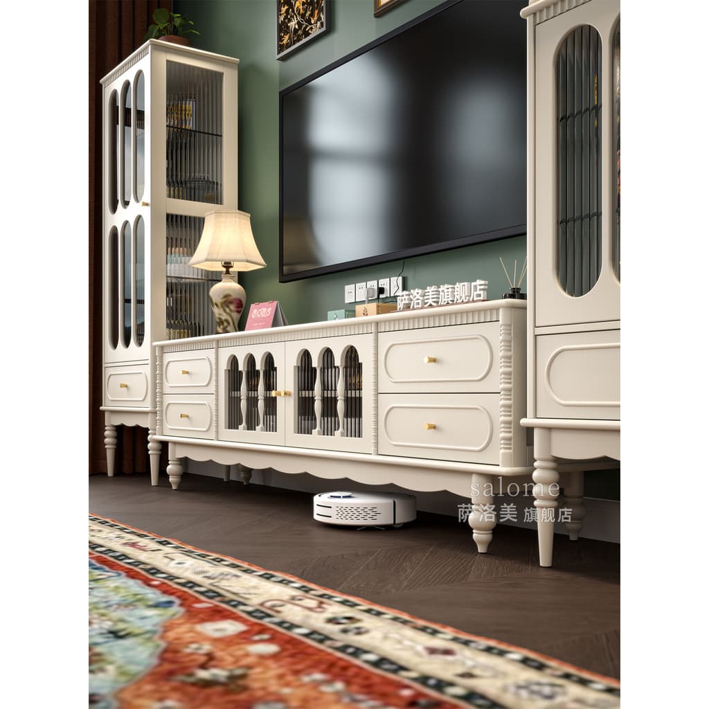 Armário de tv de chão de madeira maciça estilo creme, sala de estar, estilo francês, 2026, novo estilo, armário de tv am