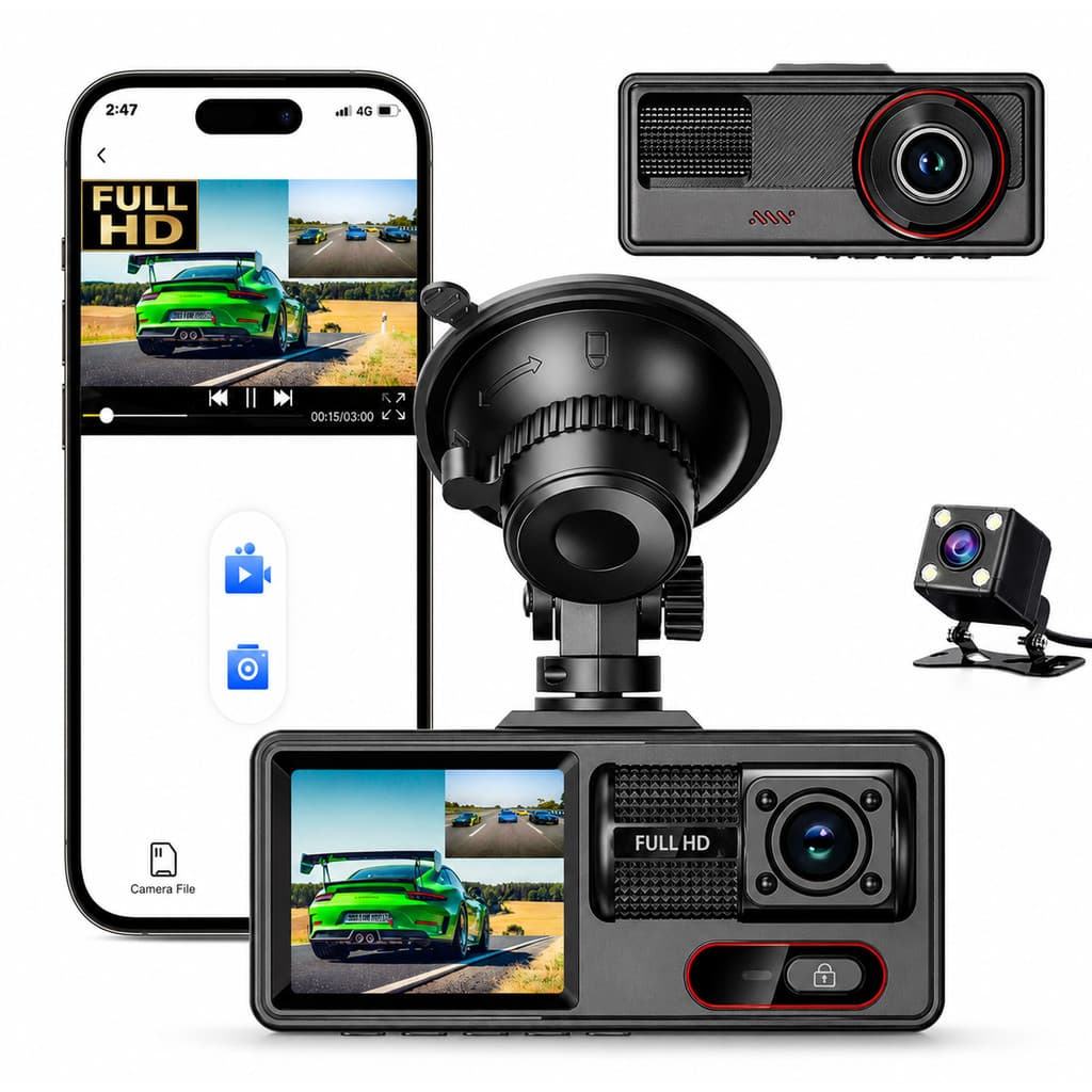 Dash Cam WiFi Full HD 1080P Dupla Lente Frente e Interior Gravação Contínua Segurança Veicular