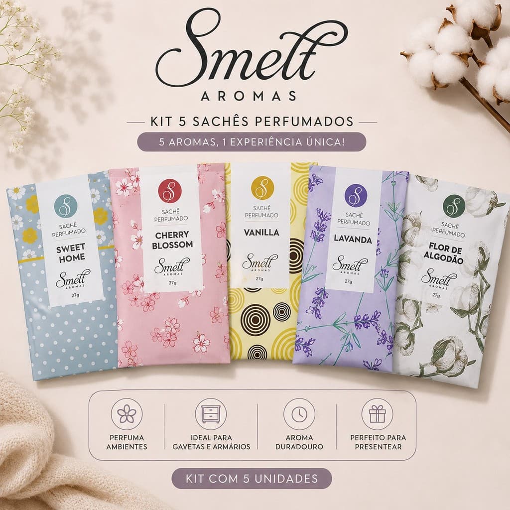 Sachê Perfumado de 27 g  Kit 5 Unidades Aromas Variados Lavanda Vanilla Casa Gaveta Smell Aromas