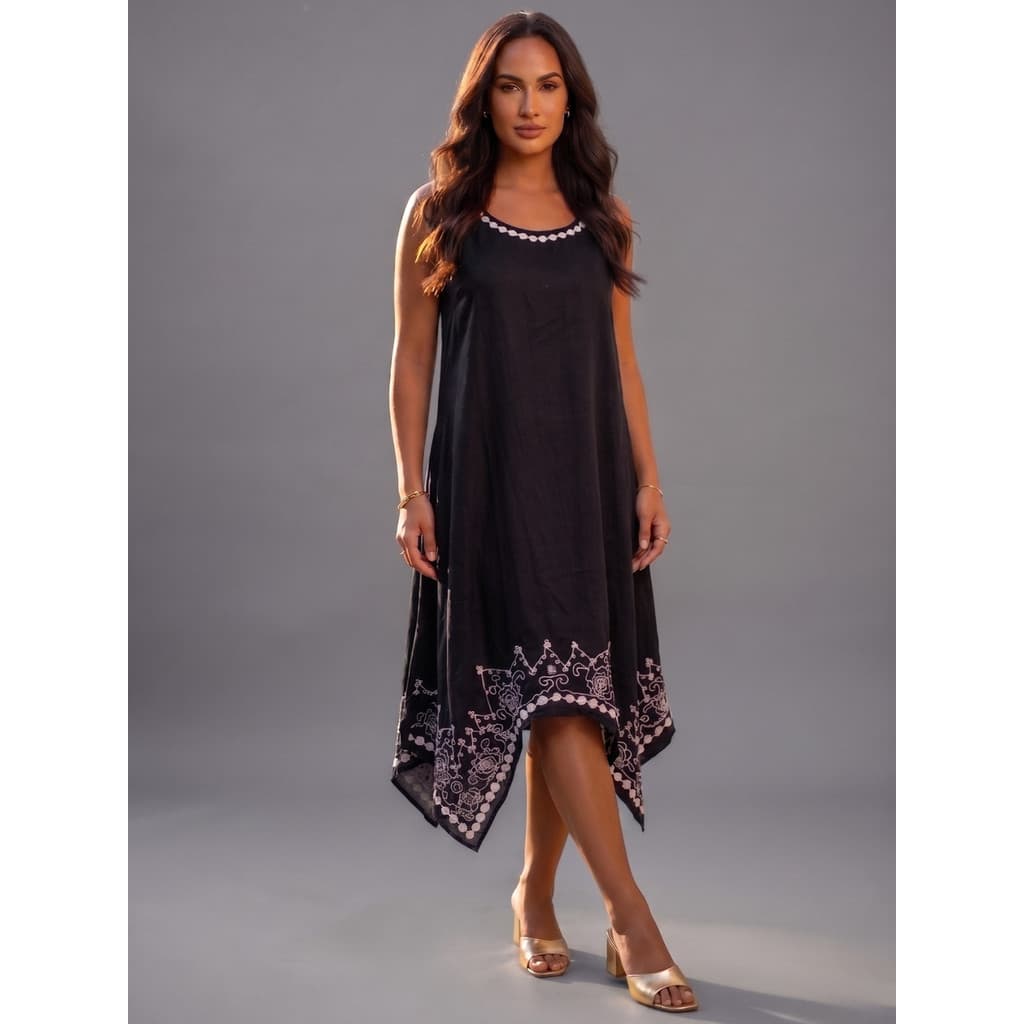 Vestido Midi Feminino Bordado Algodão Sem Manga Verão Casual-MHIN-269