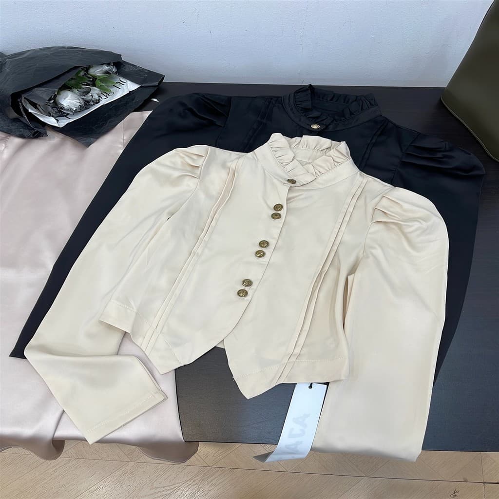 Camisa estilo tribunal francês chique camisa pequena feminina primavera novo estilo cintura estreita Puff manga comprida