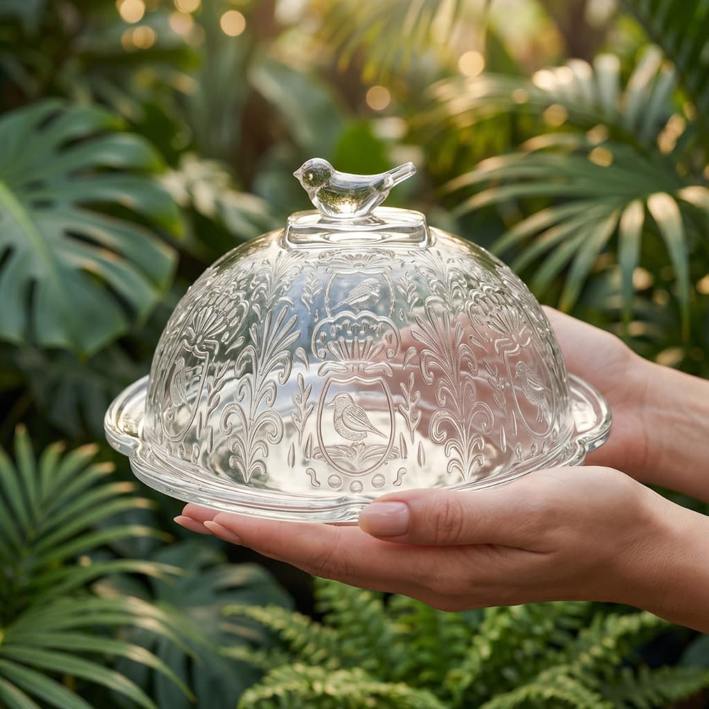 Queijeira De Cristal Com Tampa Passarinho Canary Prato Queijo Cafe Da Manha Mesa Posta Luxo 20cm
