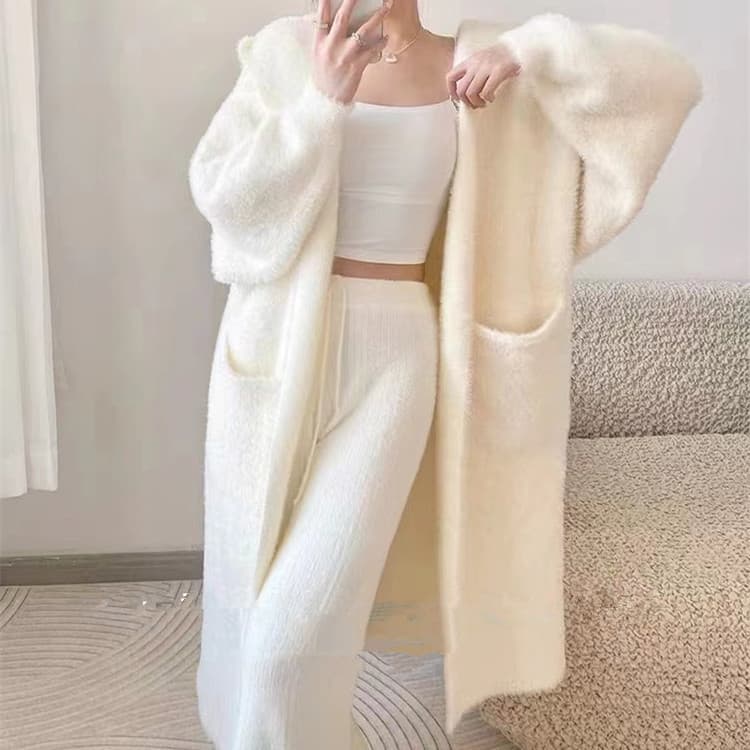2025 outono inverno novo estilo longo imitação de lã de vison Cardigan de malha versão coreana estilo preguiçoso solto c