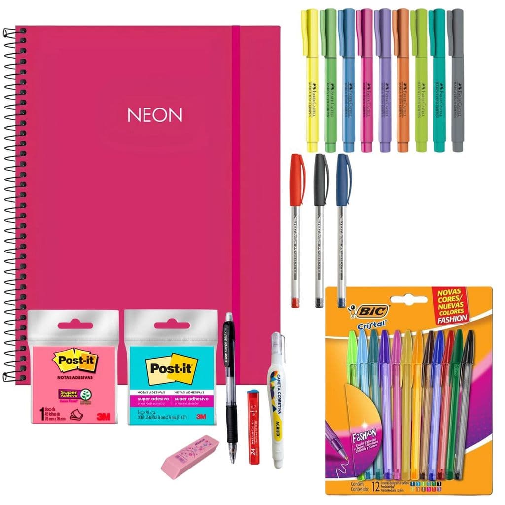 KIT CADERNO 80FLS NEON PINK + GRIFPEN + BLOCO POST IT+ ITENS DE ESCRITA + BORRACHA ERROREX GRAFITE