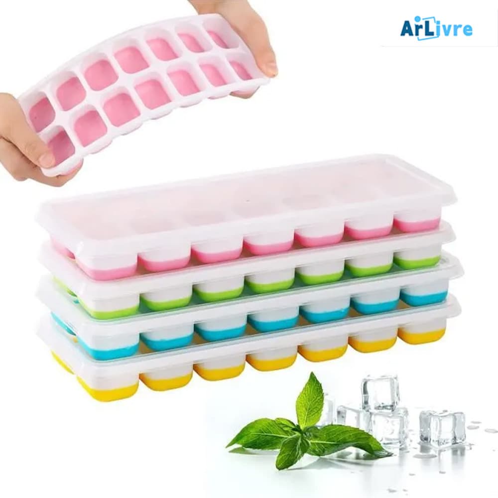 Formas de Gelo Silicone Kit 4 Com Tampa Flexível, 14 Cubos Retangular Multiuso