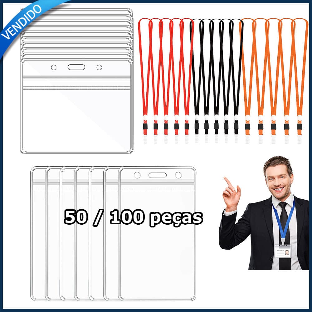 Cordão para crachá com capa para cartão transparente em plástico + clipe para cordão - 50/100 unidades