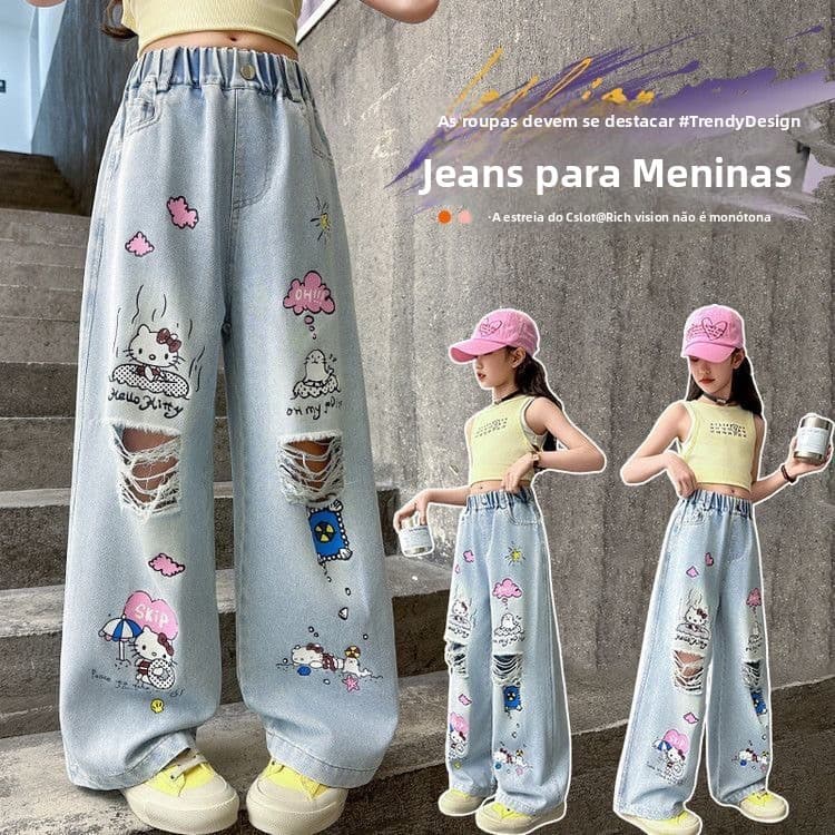 Calça Jeans Infantil Hello Kitty – Pantalona Casual com Estampa para Meninas