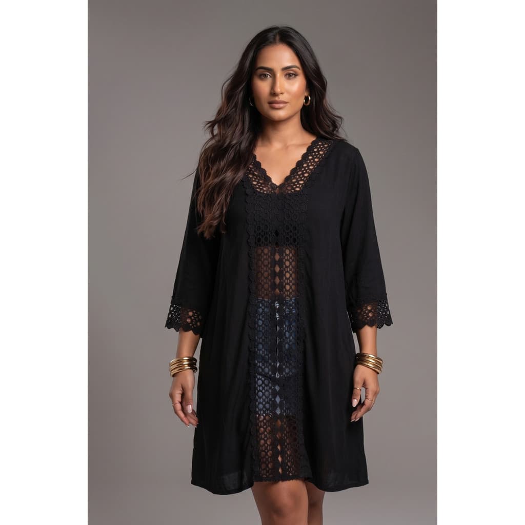 Túnica Boho Chic Preta em Renda Vazada-MHI-298