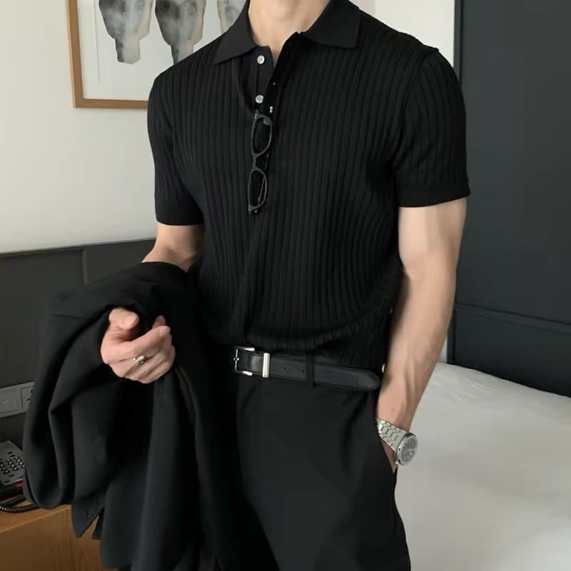 P camisa POLO masculina verão de manga curta camiseta na moda gelo seda Pit Strip textura versão coreana lapela Paul cam