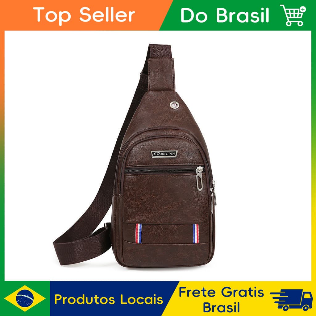 Bolsa de Peito Masculina Couro PU Pochete Transversal, Bolsa de Ombro Casual Multicompartimentos