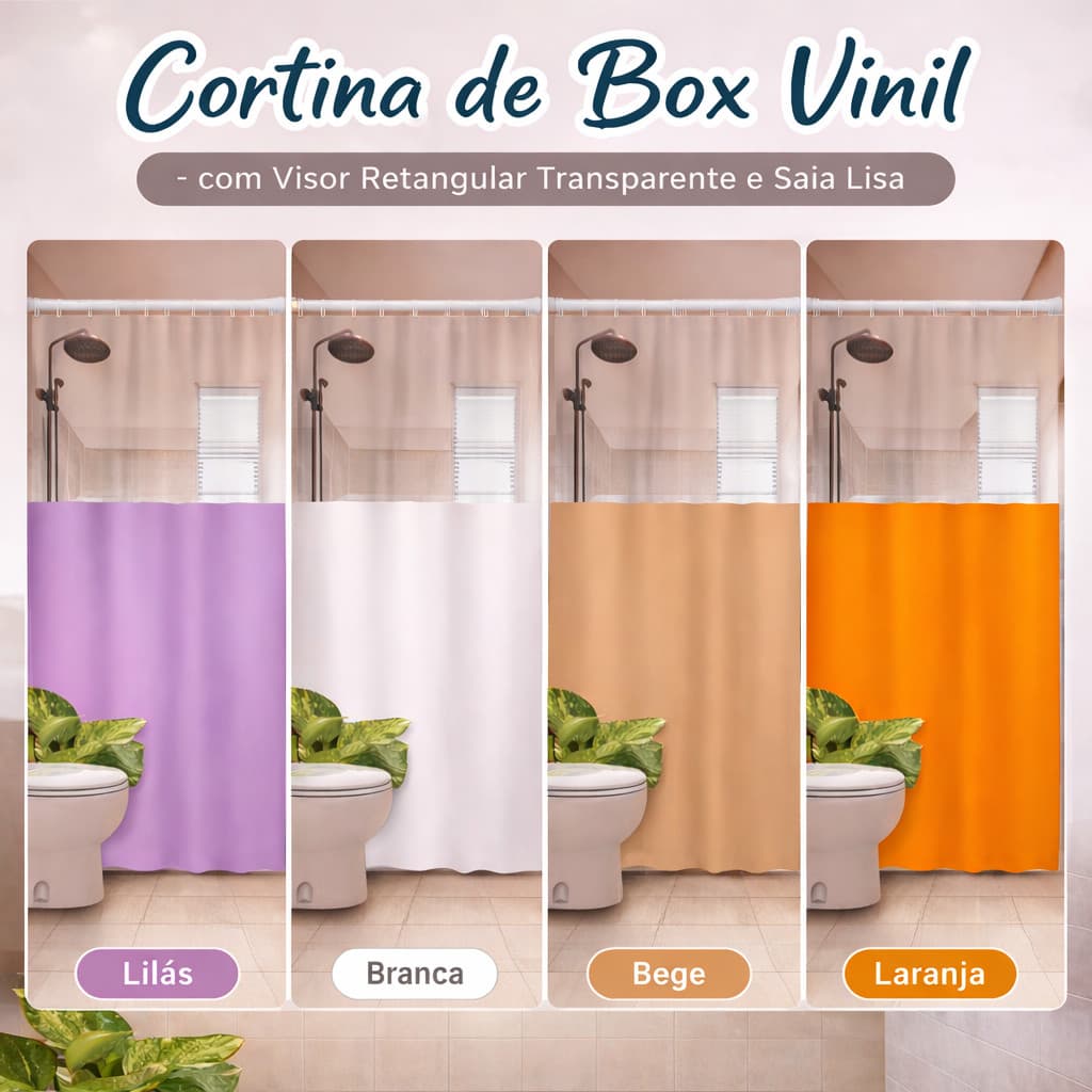 Cortina de Box Vinil com Visor Retangular Transparente e Saia Lisa 1,35 m x 2,00 m