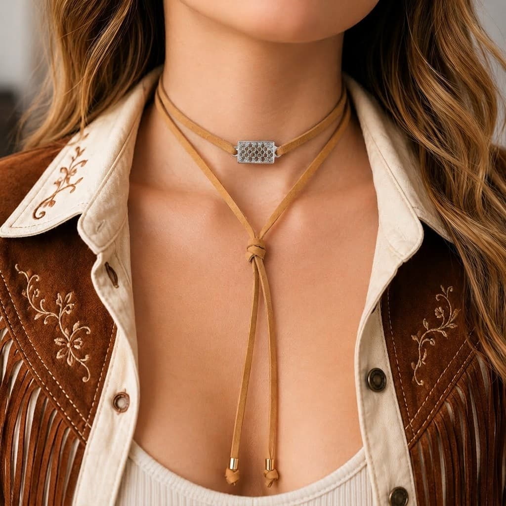 Colar Choker Country Feminino Cordão Bege Ajustável Pingente Retangular