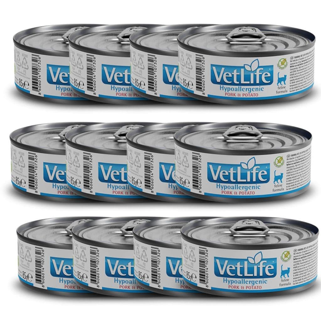 Kit c/ 12 Vet Life Hypoallergenic Pork & Potato Ração Úmida p/ Gatos 85g