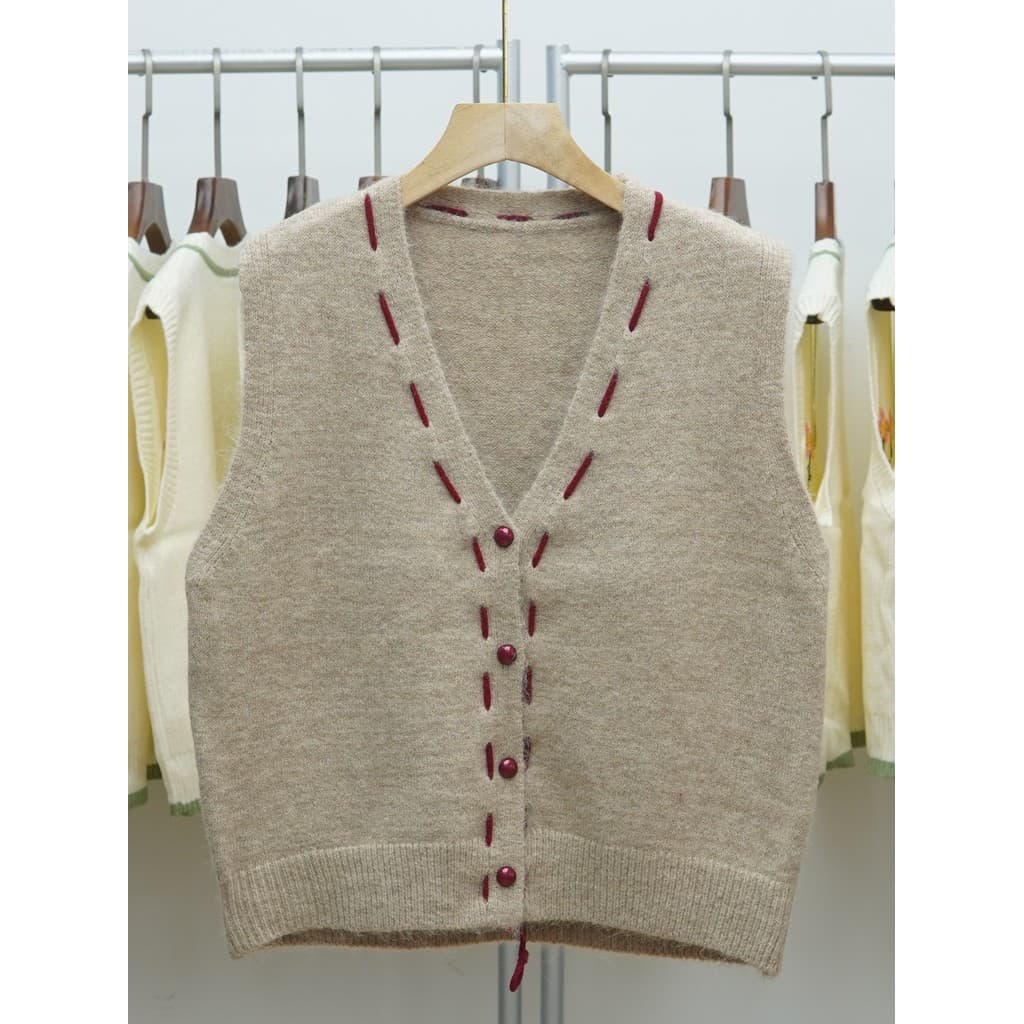 467 versão coreana corda trançada com decote em v cáqui malha Cardigan colete feminino All-Match em camadas cor sólida s