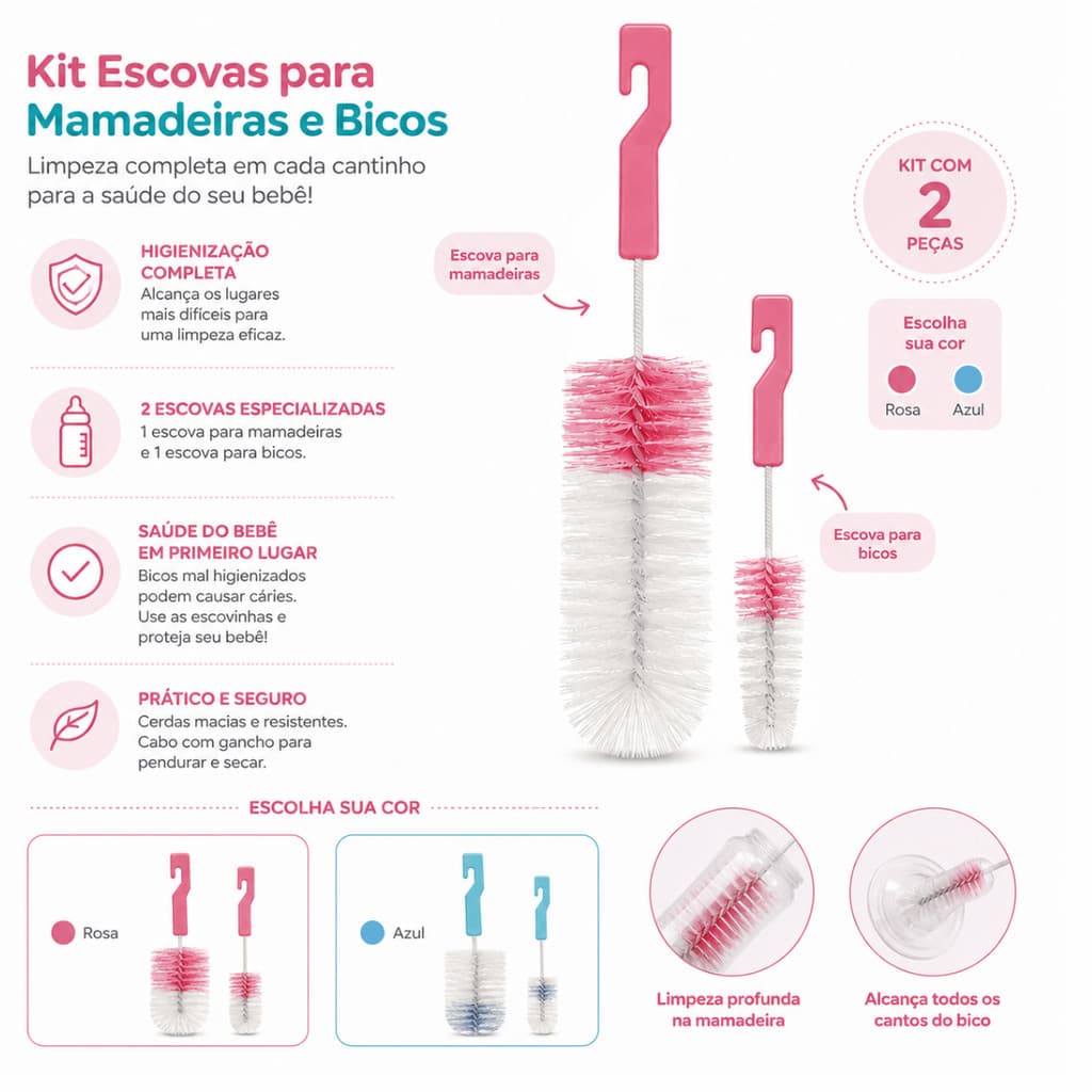 Escova Para Lavar Mamadeira E Bico Azul Rosa Buba