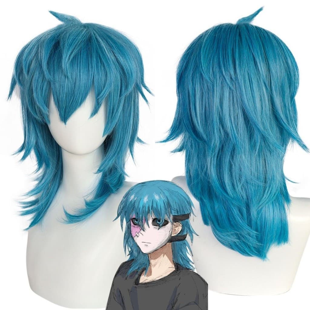 Novo produto em estoque: Peruca de cosplay Sally Face Jame Sally Face, cabelo azul médio-longo, com rede de cabelo rosa