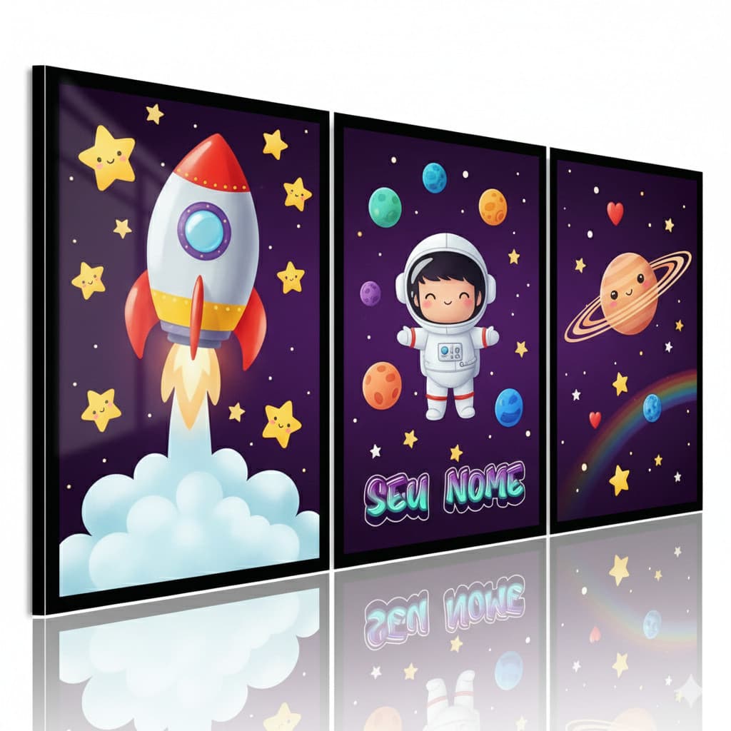 Quadro Decorativo 3 Peças 40x60 Astronauta infantil Personalizado Seu Nome Espaço Planetas