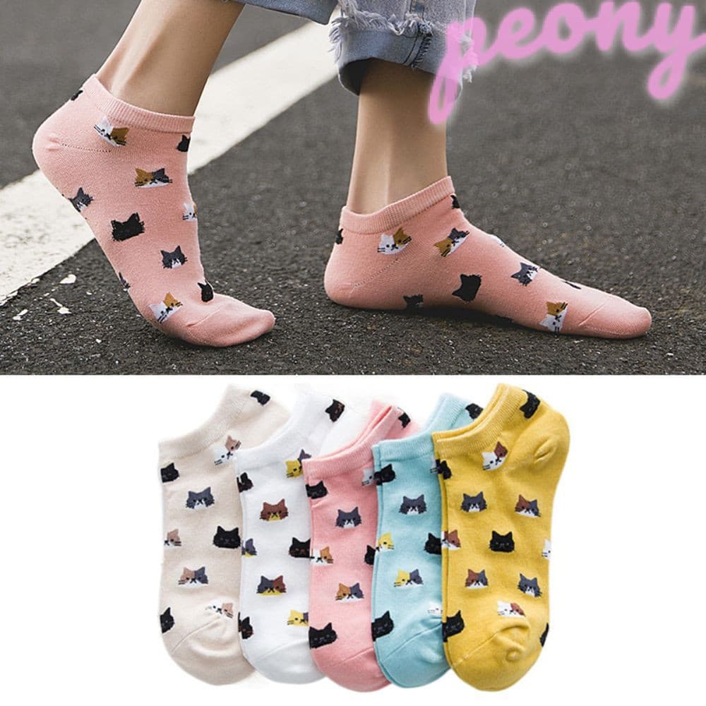 PEONY Conjunto De 5 Pares De Meias Curtas Femininas , Padrão De Gato Fofo Absorvem O Suor , De Algodão Confortáveis