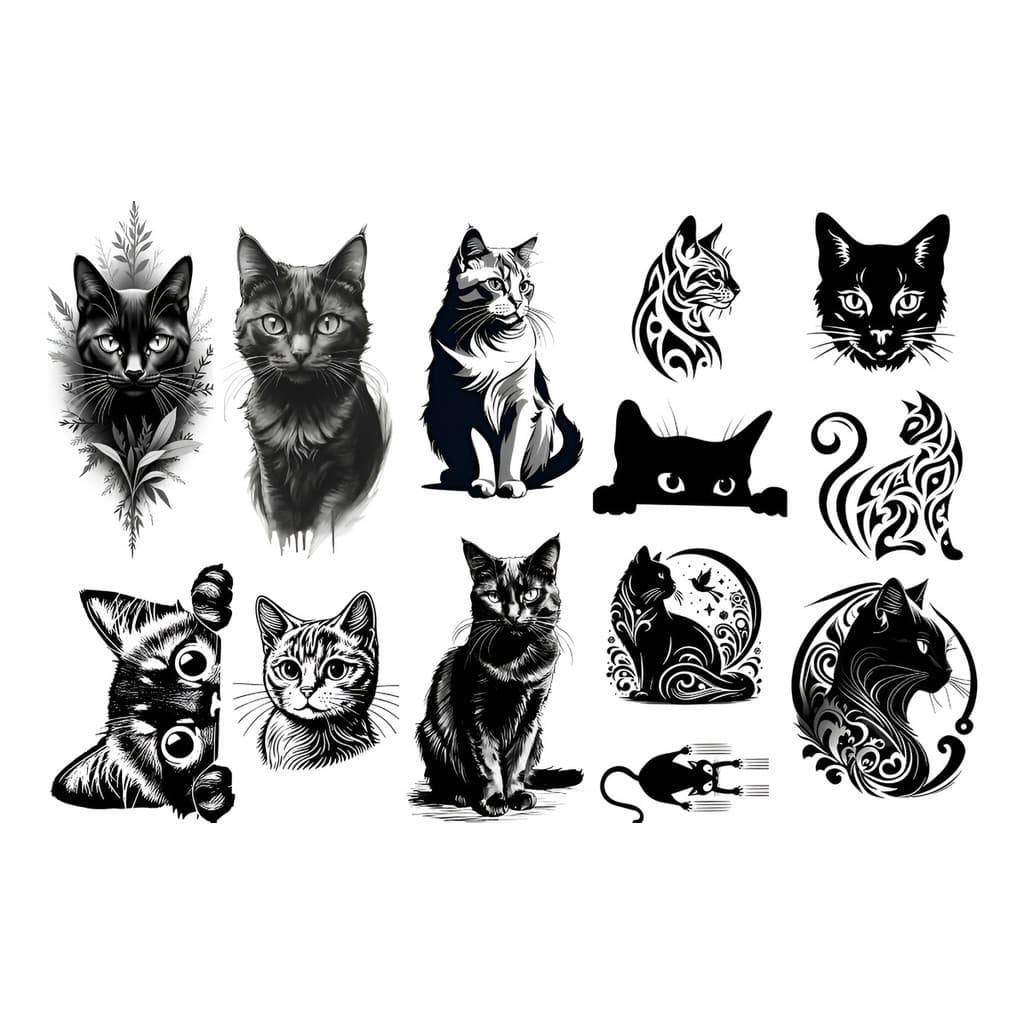 01 Cartela Tatuagem Temporaria Gatos Pretos com 13 Tatuagens
