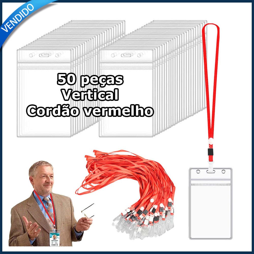Cordão para crachá com capa para cartão vertical transparente em plástico + clipe para cordão vermelho 50 unidades