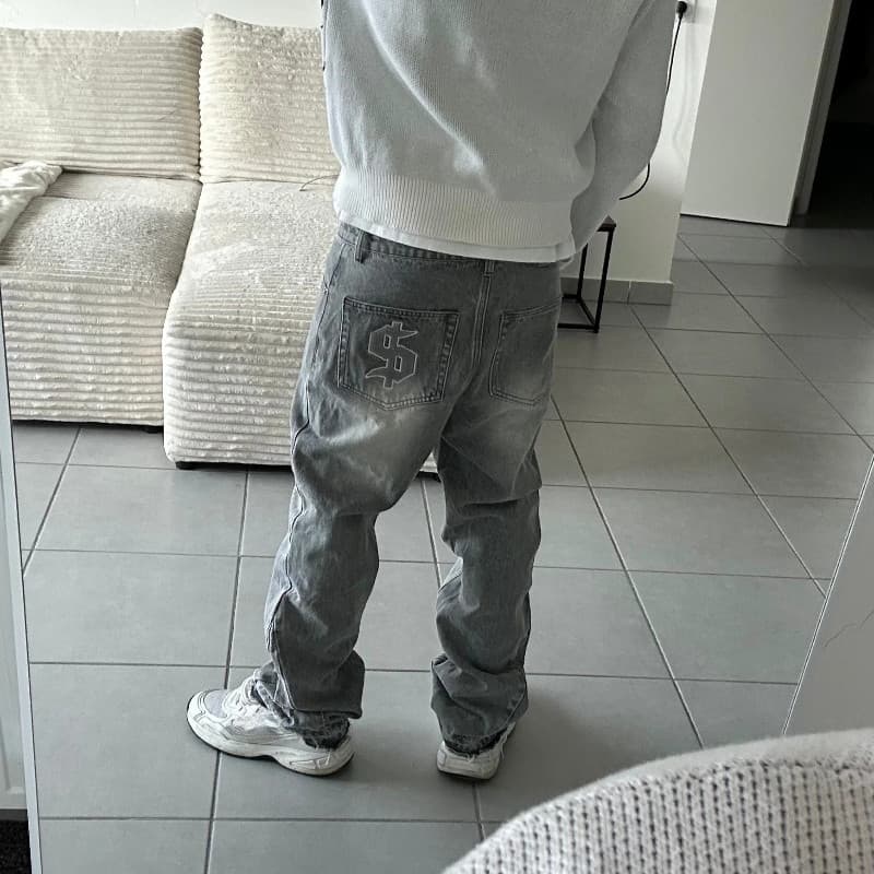 Y2K Retro Dólar Padrão Bordado Patchwork Calças Hip-hop Estilo Rua Casual Jeans Soltos