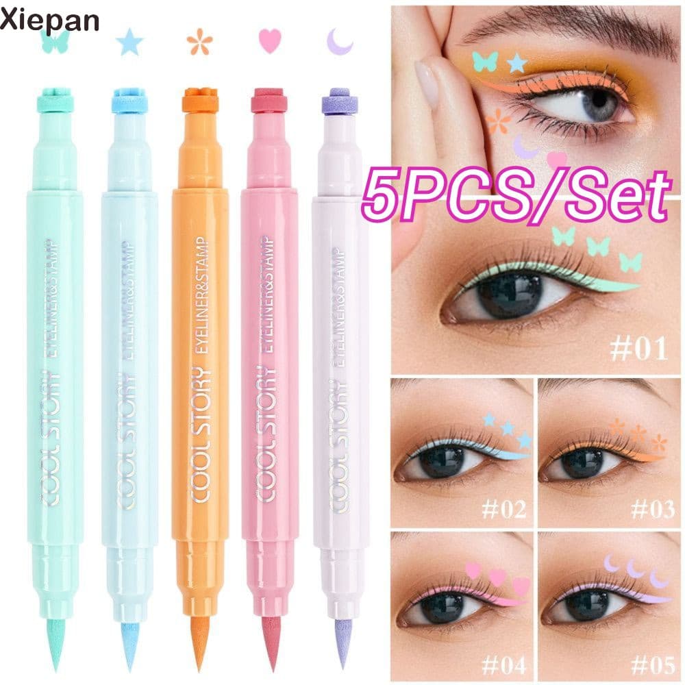 XIEPAN 5PCS Delineador de Olhos 2 em 1 com Carimbinho cor Fosco à Prova d'Água Não mancha gatinho fofo Carnaval
