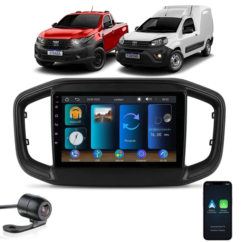 Kit Multimídia 9 Carplay Moldura Câmera Ré Strada e Fiorino 2021 2022 2023 2024 2025 2026