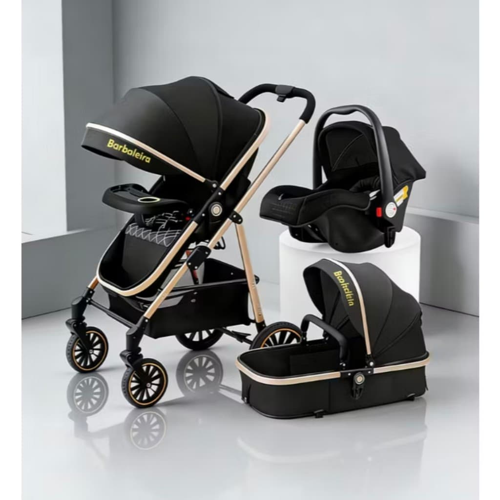 Carrinho de Bebê 3 em 1 Premium Luxo Europeu – Moisés+Bebê Conforto-Reversível, Compacto e Seguro