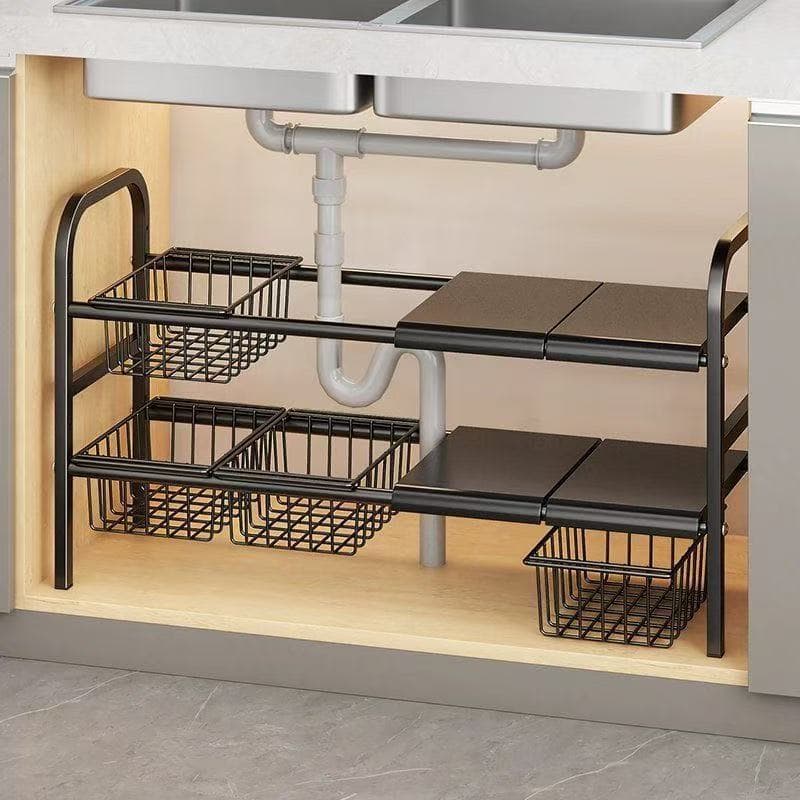 Prateleira extensível multifuncional | com cesto removível, ideal para pias e banheiros