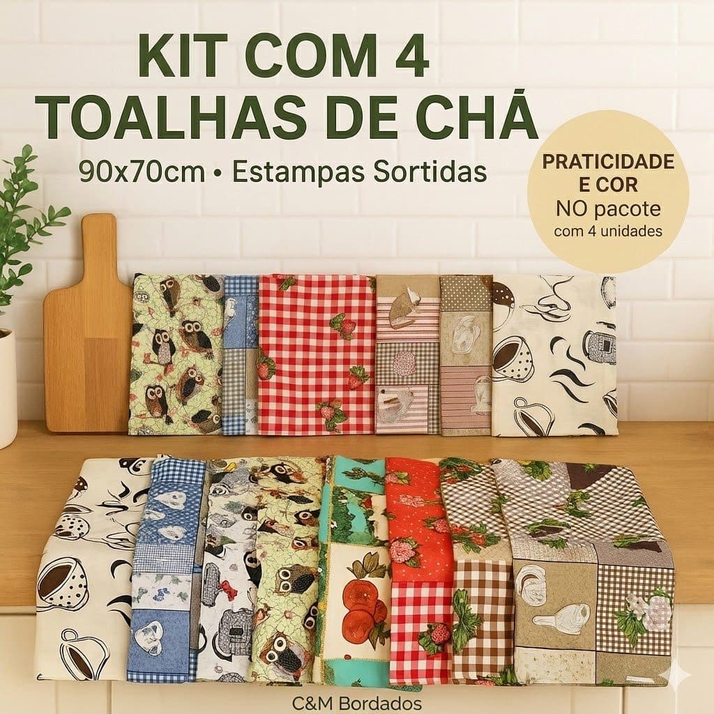 Kit 4 Toalhas de Chá 90x70 Atacado Pano de Copa Cozinha Estampada Promoção Barato