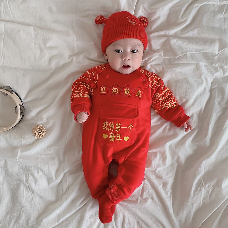 Novo estilo bebê ano novo roupas de ano novo outono inverno velo-velo quente macacão estilo chinês vermelho festivo ano