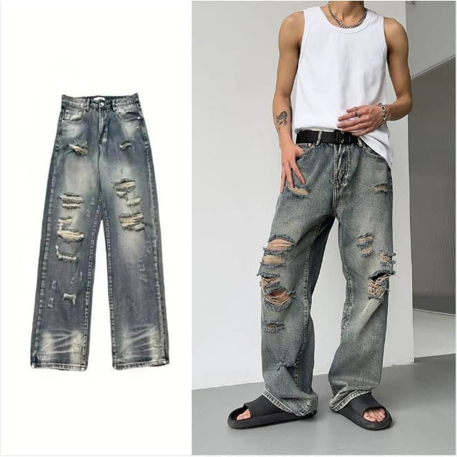 jeans Rasgados , Calças Largas Soltos hip-hop , Unissex De Rua , Estilo Coreano