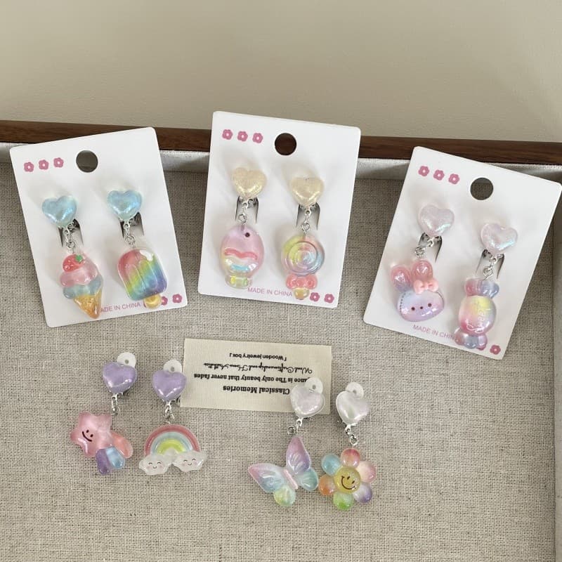 Novo estilo crianças geléia cor arco-íris flor amor coração clipe de orelha doce menina princesa sem piercing brincos br