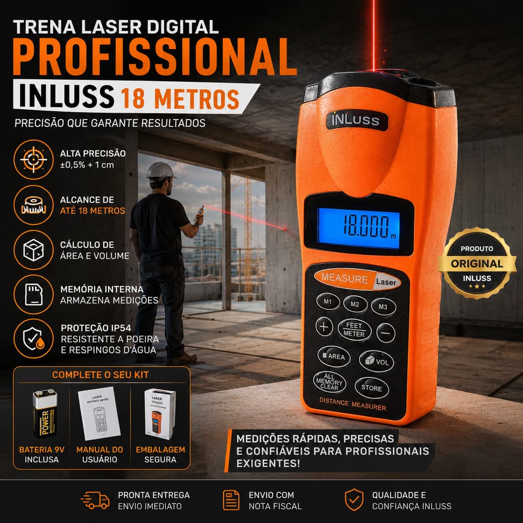 TRENA LASER DIGITAL PROFISSIONAL 18M MEDIDOR DISTÂNCIA ALTA PRECISÃO IP54 COM MEMÓRIA E BATERIA INCLUSA