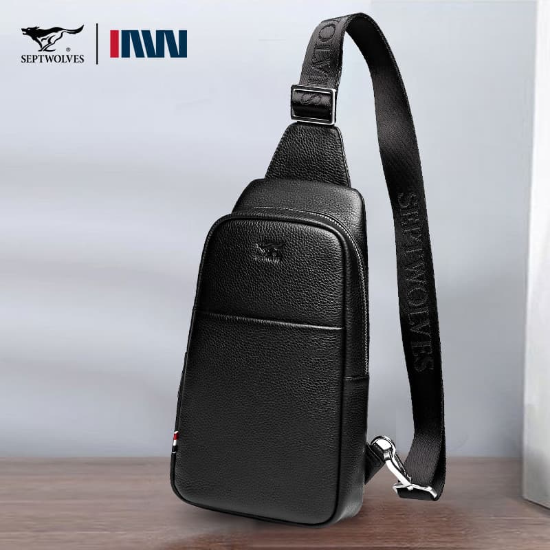 Sete lobo saco de peito masculino couro genuíno Casual saco do mensageiro primeira camada bolsa de ombro versão coreana