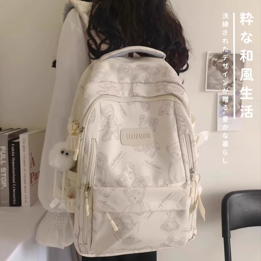 Japão cuidadosamente selecionado mochila feminina simples All-Match nicho Design impresso urso estudante universitário m