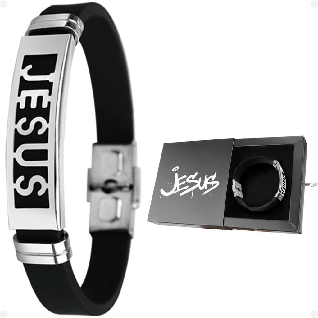 pulseira masculino prata placa aço inoxidavel jesus + caixa catolico qualidade premium cristo social