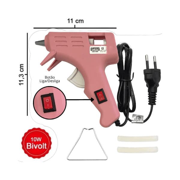 Pistola Cola Quente Pequena Rosa 10w Gatte com chave liga e desliga.