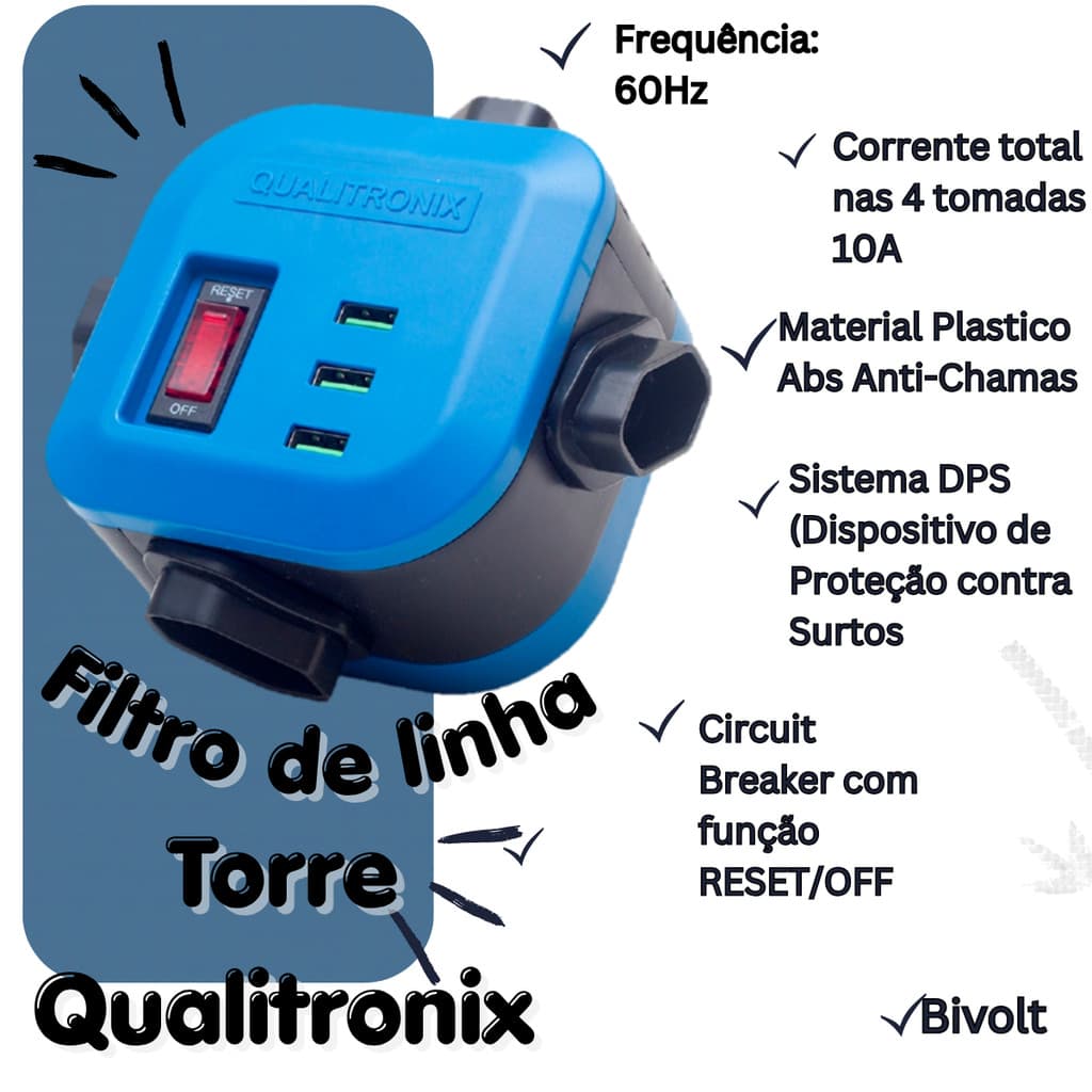 FILTRO DE LINHA TIPO TORRE QUALITRONIX 4 TOMADAS E 3 USB AZUL