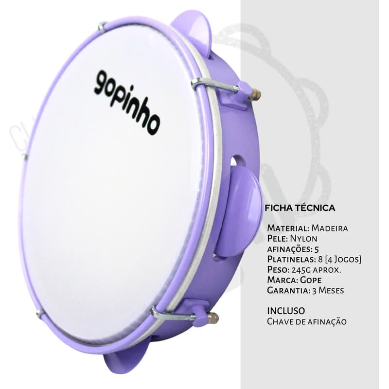 Pandeiro Gope Infantil 8" Lilás Gopinho Kids Musical Educativo Samba